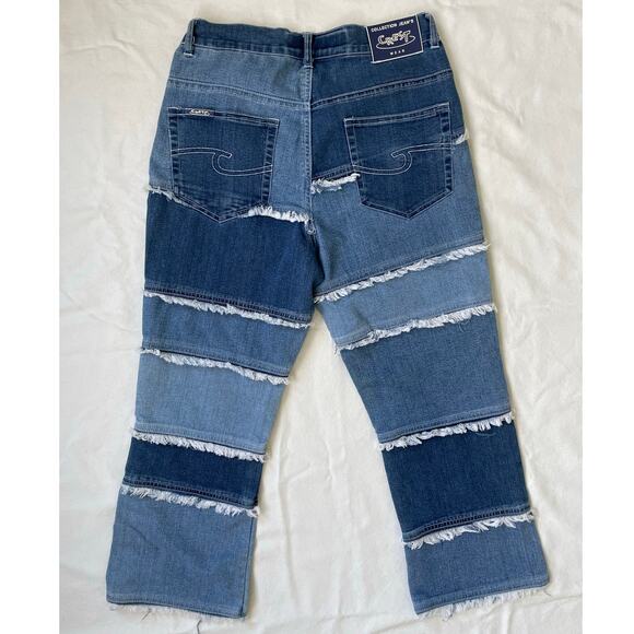 Y2K Denim Patchwork Capris Women's Size Small Midrise Stripe Paneled - Picture 2 of 9
